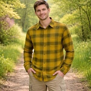 REI Co Op Mens Long Sleeve Plaid Button Up Shirt Size‎ L Yellow Green Outdoor